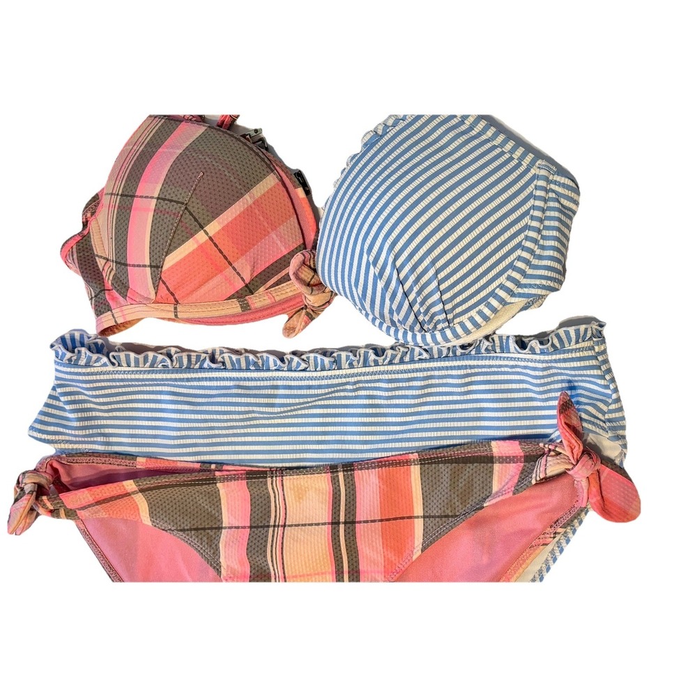 H & M Bikini Swimsuits Size 6 Tops 34 B Two sets Pink multicolor & Blue Gingham